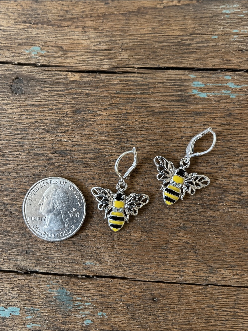 Bumble Bee Leverback Earrings – Yellow & Black Enamel Silver Tone - Picture 2 of 5